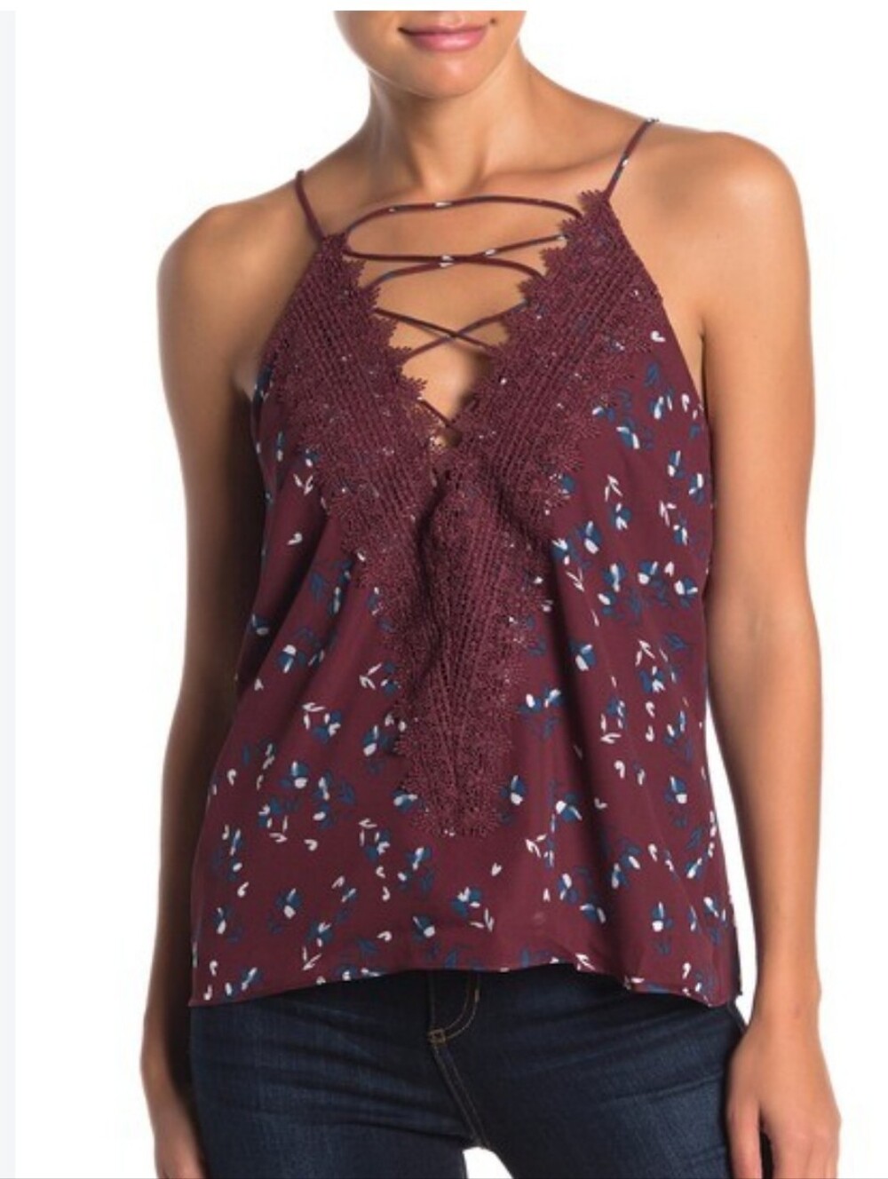 Lace-Up V-Neck Floral Cami Top - Burgundy